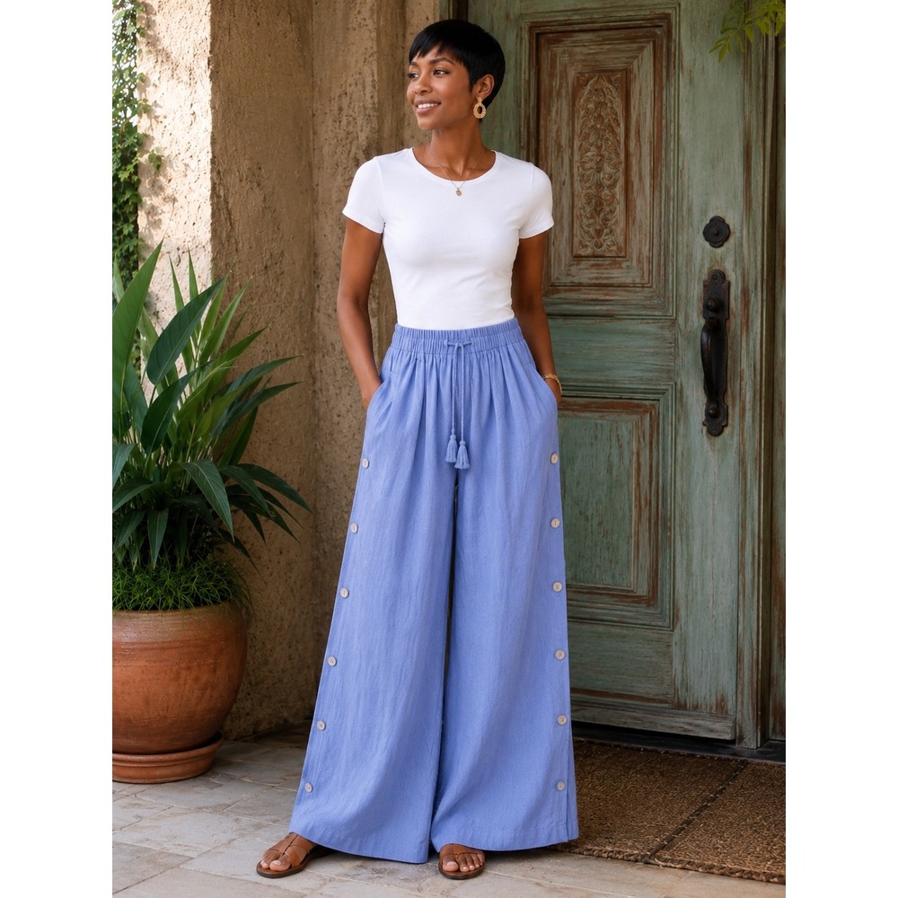 L/XL Light Blue Linen Wide Leg Button Side Tassel Drawstring‎ Pants Boho Beach